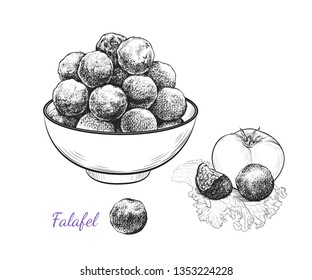 
Sketch of falafel. Falafel balls in a bowl, tomato and separate  balls on a leaf of lettuce. Vector illustration of Middle Eastern cuisine.