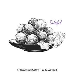 
 
Sketch of falafel. Falafel with a leaf of lettuce on a plate. Vector illustration of Middle Eastern cuisine.