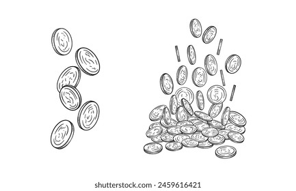 Esbozo de monedas cayendo en diferentes posiciones. Finanzas en blanco y negro, juego de dinero. Colección dibujada a mano aislada sobre fondo blanco. Ilustración vectorial.