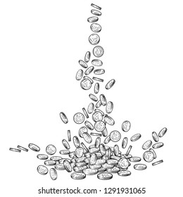 Sketch of falling coins, money flowing top down, big pile of cash, a lot of money, treasure concept. Black and white hand drawn vector illustration isolated on white background.