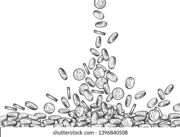 Sketch of falling coins, money flowing top down, big pile of cash, a lot of money, treasure concept. Black and white hand drawn vector illustration isolated on white background.