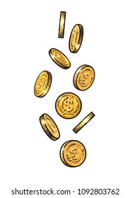 Sketch of falling gold coins. Set of metal money in different positions. Hand drawn vector illustration isolated on white background.