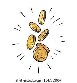 Sketch of falling gold coins. Set of shining metal money in different positions. Hand drawn vector illustration isolated on white background.