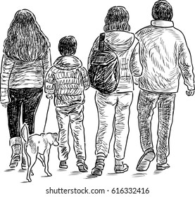 Sketch Of A Family On A Stroll