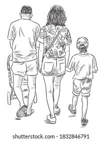 Sketch of family young people walking on summer day together