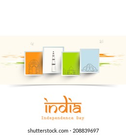 Sketch of famous monuments of India, India Gate, Qutub Minar, Taj Mahal and Lotus Temple on stylish abstract background.