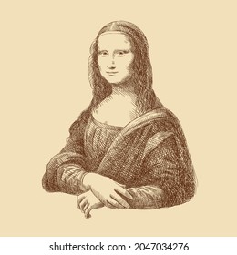 Sketch of the famous painting by Leonardo da Vinci 'Mona Lisa' (Gioconda). Portrait of a smiling woman. Italy. Vintage brown and beige card, hand-drawn, vector. Old design. Line graphics.