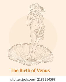 Sketch of the famous painting by Sandro Botticelli 'The Birth of Venus'. Woman with loose hair in a shell. Italian Renaissance. Vintage brown and beige card, hand-drawn, vector. Old design.