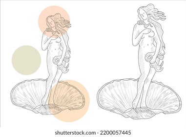 Sketch of the famous painting by Sandro Botticelli 'The Birth of Venus'. Woman with loose hair in a shell. Italian Renaissance. Vintage brown and beige card, hand-drawn, vector. Old design.