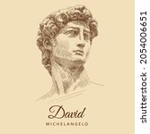 Sketch of the famous sculpture by Michelangelo 'David'. Man portrait with curly hair and a forward-looking gaze. Italian Renaissance. Vintage brown and beige card, hand-drawn, vector. Old design.