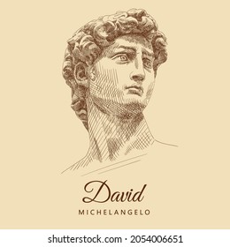 Sketch of the famous sculpture by Michelangelo 'David'. Man portrait with curly hair and a forward-looking gaze. Italian Renaissance. Vintage brown and beige card, hand-drawn, vector. Old design.