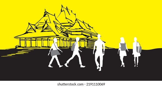 Sketch of a famous state high technical school historic building in the city of Bandung, West Java, Indonesia