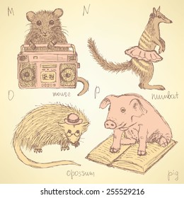 Sketch fancy animals alphabet in vintage style, vector m, n, o, p