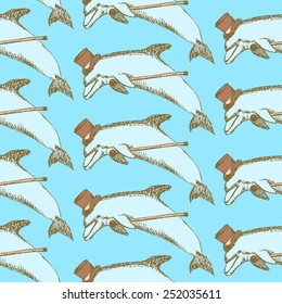 Sketch fancy dolphin in vintage style, vector seamless pattern