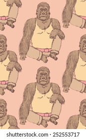 Sketch fancy gorilla in vintage style, vector seamless pattern