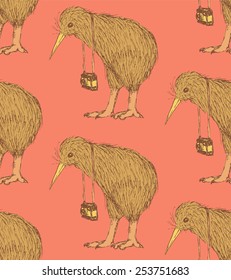 Sketch fancy kiwi bird in vintage style, vector seamless pattern