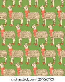 Sketch fancy llama in vintage style, vector seamless pattern