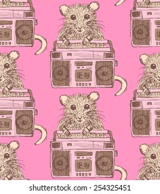 Sketch fancy mouse in vintage style, vector seamless pattern