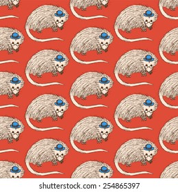 Sketch fancy opossum in vintage style, vector seamless pattern