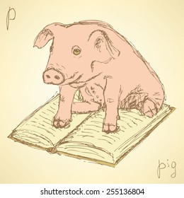 Sketch fancy pig in vintage style, vector