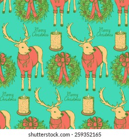 Sketch fancy reindeer with candle and wreath in vintage style, vector seamless pattern 