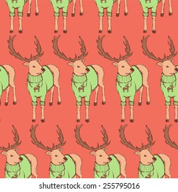 Sketch fancy reindeer in vintage style, vector seamless pattern