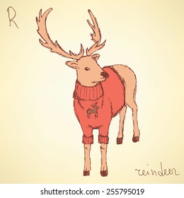 Sketch fancy reindeer in vintage style, vector