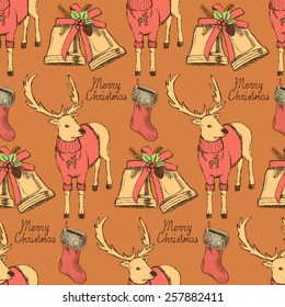 Sketch fancy reindeer in vintage style with bell and stocking, vector seamless pattern 