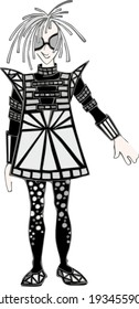 A sketch of a fantastic costume for a girl. Vector drawing of a cheerful girl in a dress with a geometric pattern.