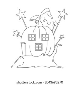 Sketch of a fantastic pumpkin house. Cartoon pumpkin gnome house. Vector illustration. Coloring book for children