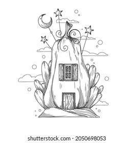 Sketch of a fantastic pumpkin house. Cartoon pumpkin gnome house. Vector illustration.