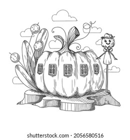 Sketch of a fantastic pumpkin house. Cartoon pumpkin gnome house. Vector illustration.