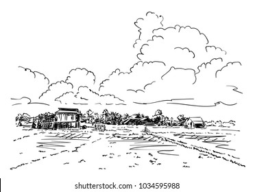 Sketch of farm filds and village landscape under cumulus clouds, Hand drawn vector illustration