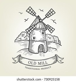 Sketch of farm with windmill. Vector illustration done in graphic style, isolated on background. Village landscape use as label, logo, sticker, emblem for advertising natural products.
