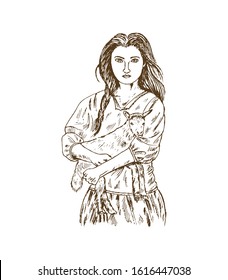 Sketch of farmer woman carrying a lamb. Hand drawn design vector illustration.