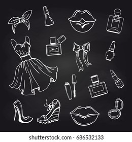 Sketch of fashion elements on chalkboard, vector illustration