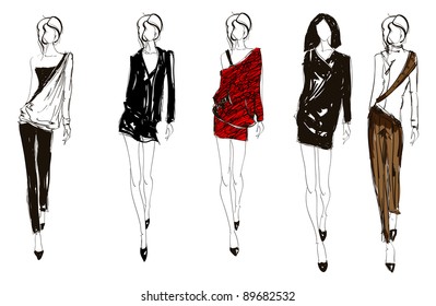 SKETCH. Fashion Girl. Hand-drawn Fashion Model. Vector Illustration.