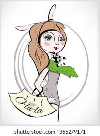 Sketch of fashion girl hare. Hand drawn Vector Illustration. 
