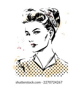 Sketch fashion icon with head of young woman. Depicts a profile of girl with haircut and big lips. Lovely desugn for cosmetic salon logo, beauty shops, spa salon etc. Vector illustration. 