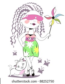 Sketch of fashion little girl with a cat