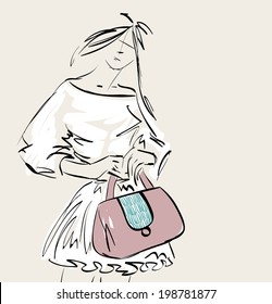 sketch of fashion model. Woman show fashionable clothes
