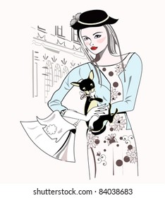 Sketch of fashion retro girl with a little dog in the city