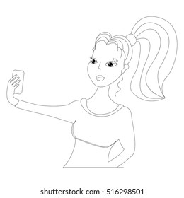 Sketch fashion selfie illustration with a cute young girl taking a selfie on her phone, isolated on white background