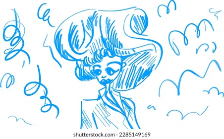 Sketch fashion woman with voluminous hairstyle and confetti. Vector illustration in blue marker hand drawn style. Doodle fashion girl.