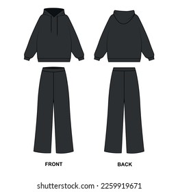 Sketch of a fashionable black suit consisting of wide trousers and a hoodie, vector. Outline drawing Pajama pants and sweatshirt. Women's tracksuit template, front and back view. svg