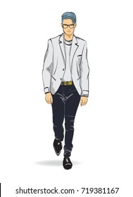 Sketch. Fashionable man in a jacket, breeches and shoes. Collection autumn-winter of 2018.