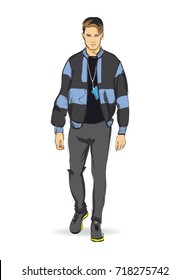 Sketch. Fashionable man in a jacket, trousers and boots. Collection autumn-winter of 2017.

