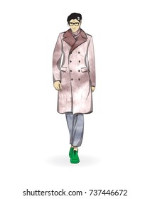 Sketch of a fashionable man in a raincoat, jeans and shoes. Collection autumn-winter of 2018.