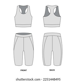 Sketch of fashionable sportswear top and cycling shorts. Outline sport shorts and bra template, vector. A set of sportswear for swimming, diving, fitness, running, yoga, etc.