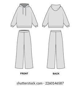 Sketch of a fashionable suit consisting of wide pants and a hoodie, vector. Outline drawing Pajama pants and sweatshirt. Women's tracksuit template, front and back view. svg